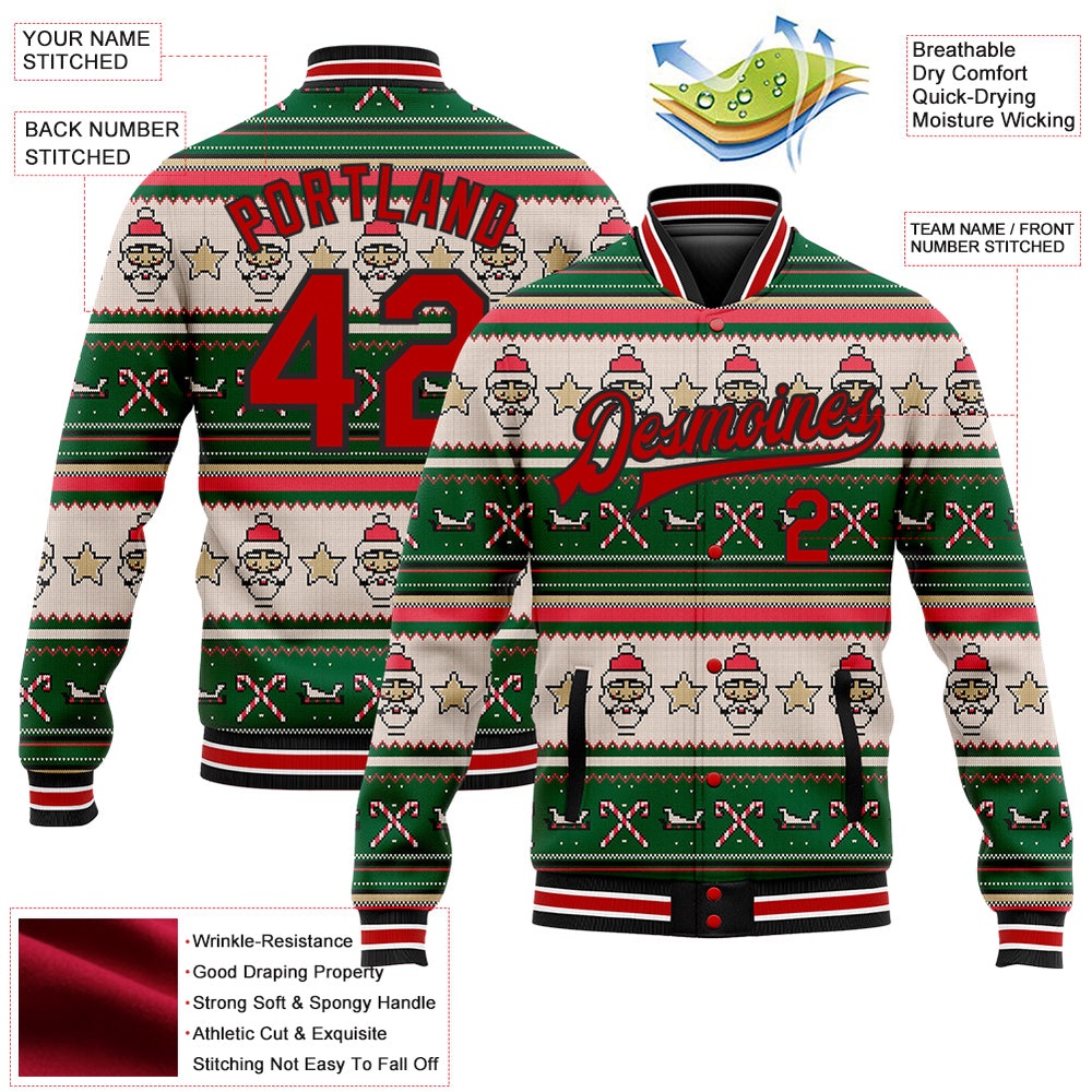 Custom Green Red Black Christmas 3D Bomber Full Snap Baseball Jacket, Custom Team Jacket Custom Green Red Black Christmas 3D Bomber Full Snap Baseball Jacket, Custom Team Jacket