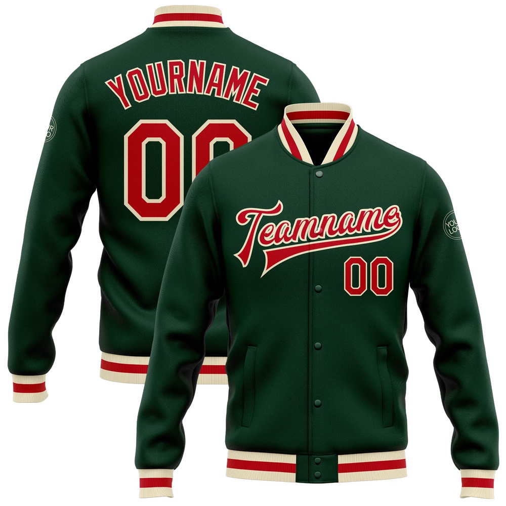 Custom Green Red Cream Bomber Full Snap Baseball Jacket, Custom Team Jacket Custom Green Red Cream Bomber Full Snap Baseball Jacket, Custom Team Jacket