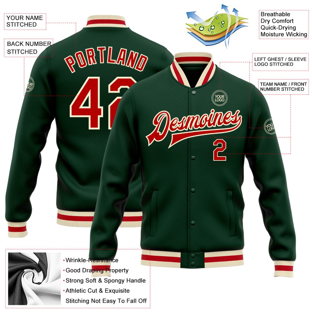 Custom Green Red Cream Bomber Full Snap Baseball Jacket, Custom Team Jacket Custom Green Red Cream Bomber Full Snap Baseball Jacket, Custom Team Jacket