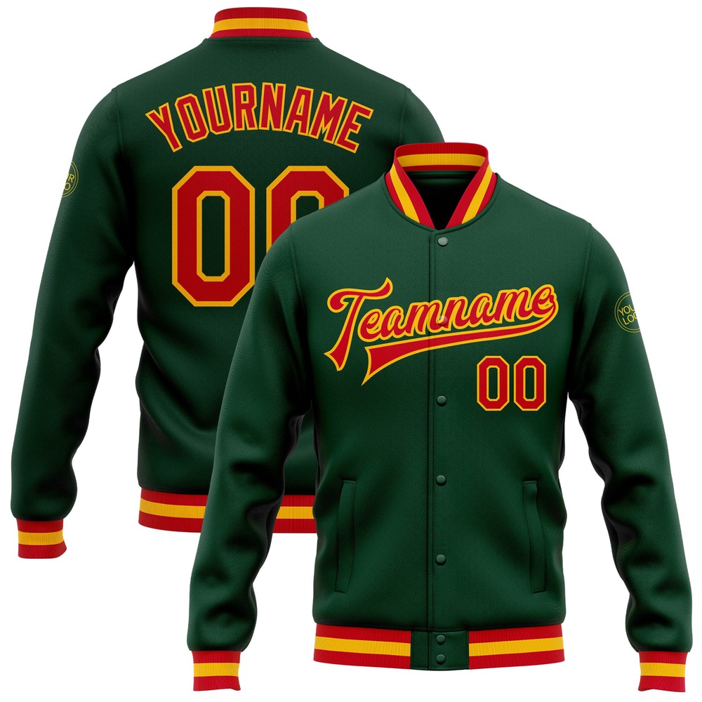 Custom Green Red Gold Bomber Full Snap Baseball Jacket, Custom Team Jacket Custom Green Red Gold Bomber Full Snap Baseball Jacket, Custom Team Jacket
