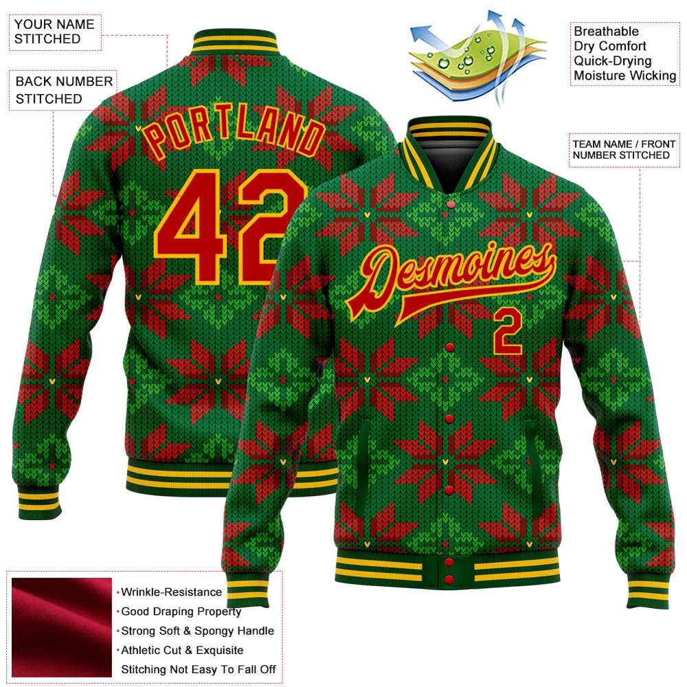 Custom Green Red Gold Christmas 3D Bomber Full Snap Baseball Jacket, Custom Team Jacket