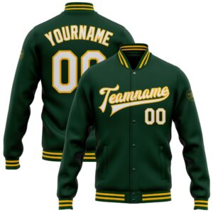 Custom Green White-Gold Bomber Full-Snap Baseball Jacket_8874,…