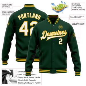Custom Green White Gold Bomber Full Snap Baseball Jacket 8874 Custom Team Jacket 2 csiklo.jpg