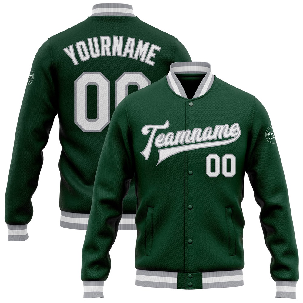 Custom Green White Gray Bomber Full Snap Baseball Jacket, Custom Team Jacket Custom Green White Gray Bomber Full Snap Baseball Jacket, Custom Team Jacket