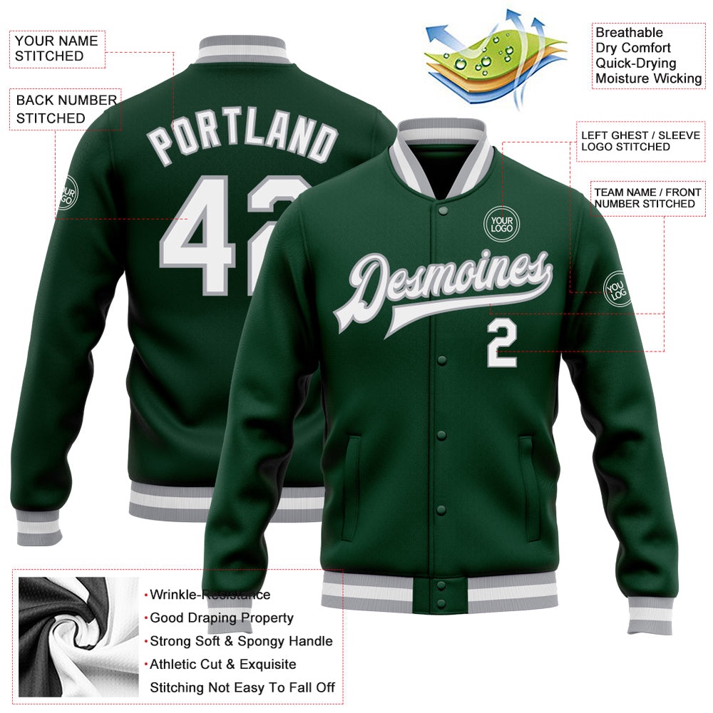 Custom Green White Gray Bomber Full Snap Baseball Jacket, Custom Team Jacket Custom Green White Gray Bomber Full Snap Baseball Jacket, Custom Team Jacket