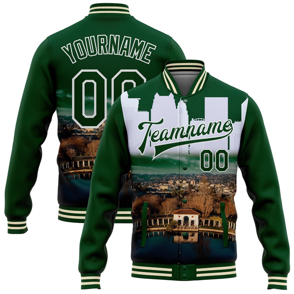 Custom Green White Lake Merritt Oakland California City Edition 3D Bomber Full Snap Baseball Jacket, Custom Team Jacket Custom Green White Lake Merritt Oakland California City Edition 3D Bomber Full Snap Baseball Jacket, Custom Team Jacket