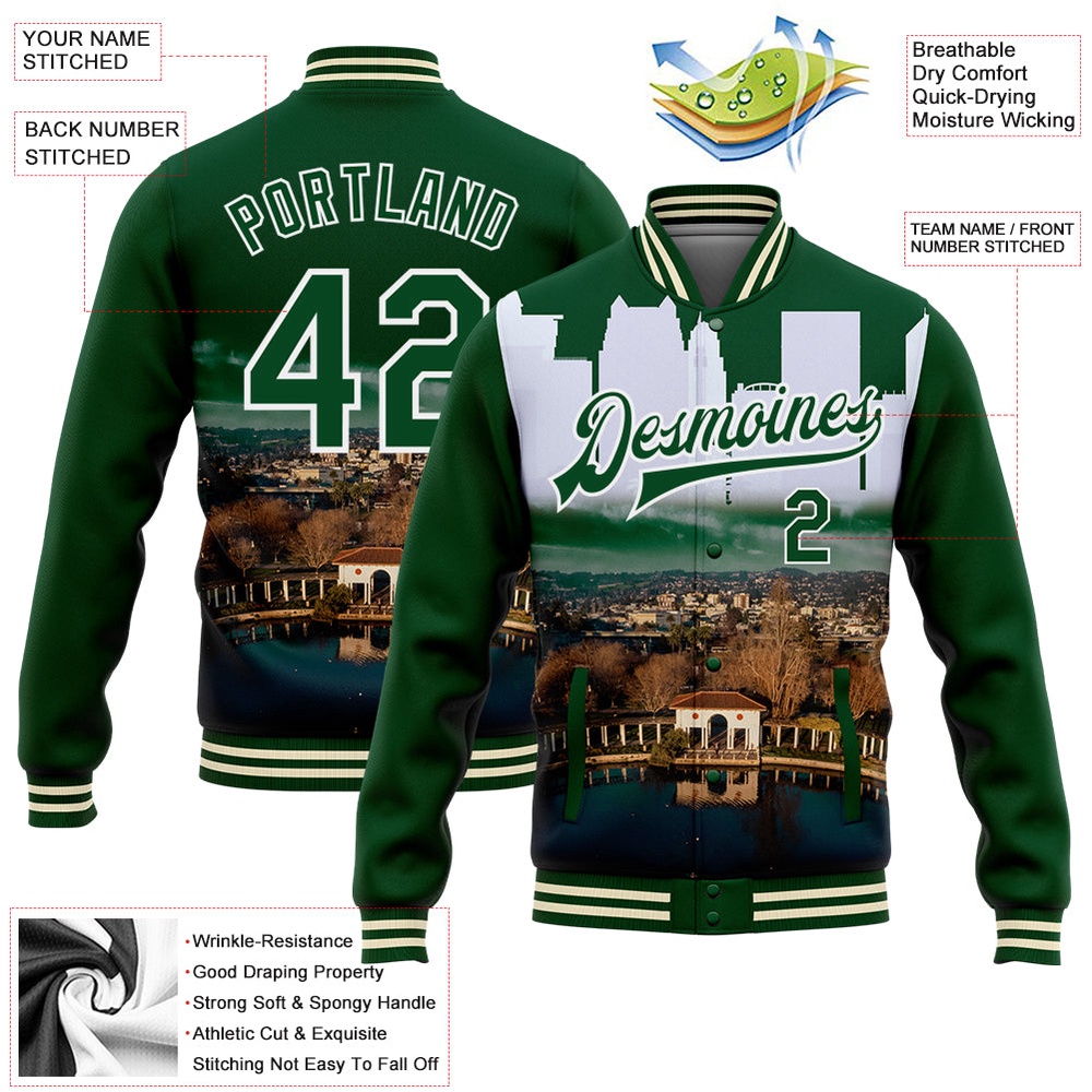 Custom Green White Lake Merritt Oakland California City Edition 3D Bomber Full Snap Baseball Jacket, Custom Team Jacket Custom Green White Lake Merritt Oakland California City Edition 3D Bomber Full Snap Baseball Jacket, Custom Team Jacket