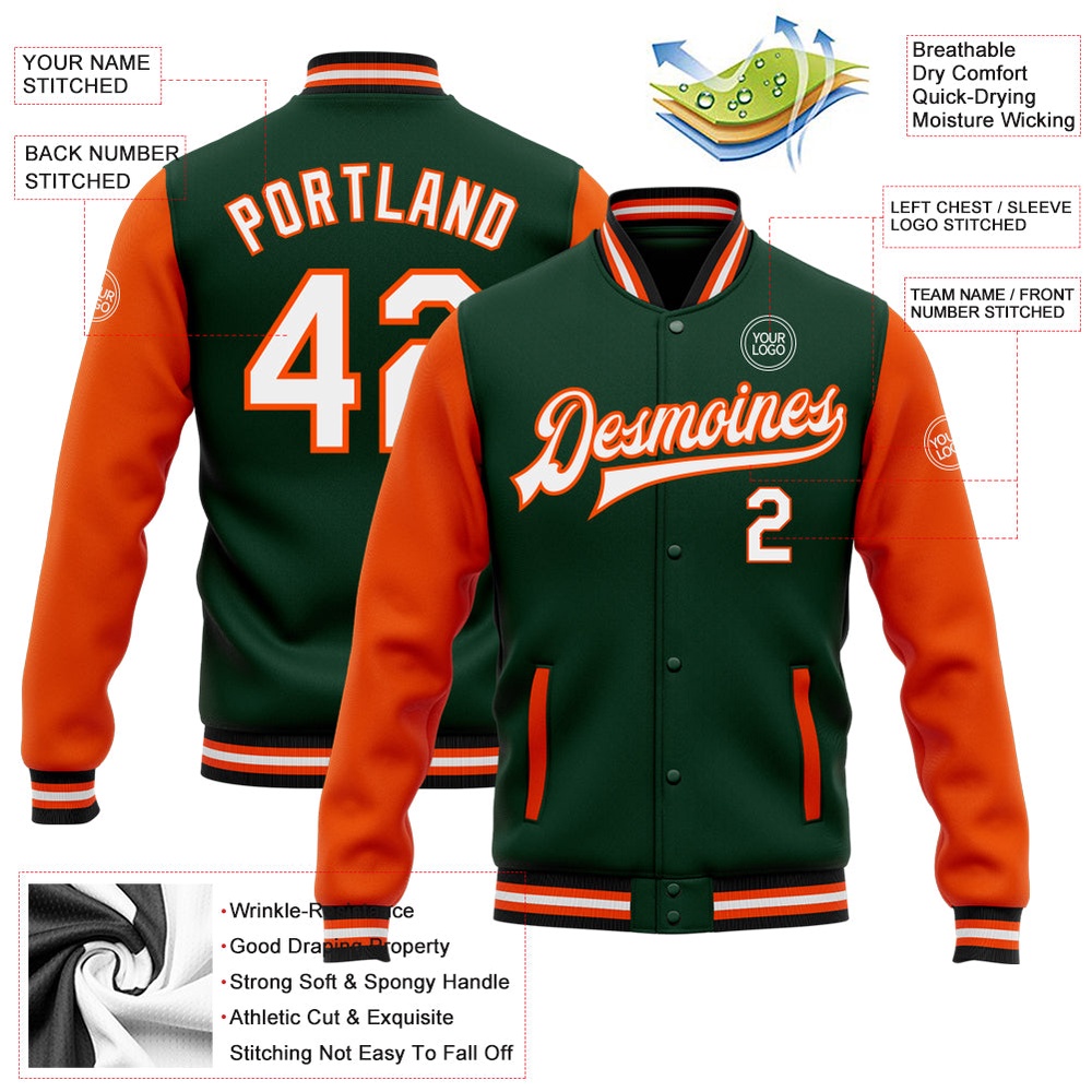 Custom Green White Orange Black Bomber Full Snap Varsity Baseball Jacket, Custom Team Jacket Custom Green White Orange Black Bomber Full Snap Varsity Baseball Jacket, Custom Team Jacket