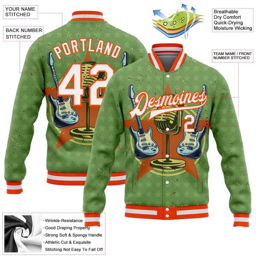 Custom Green White Orange Guitar Music Festival 3D Pattern Design Bomber Full Snap Baseball Jacket, Custom Team Jacket Custom Green White Orange Guitar Music Festival 3D Pattern Design Bomber Full Snap Baseball Jacket, Custom Team Jacket