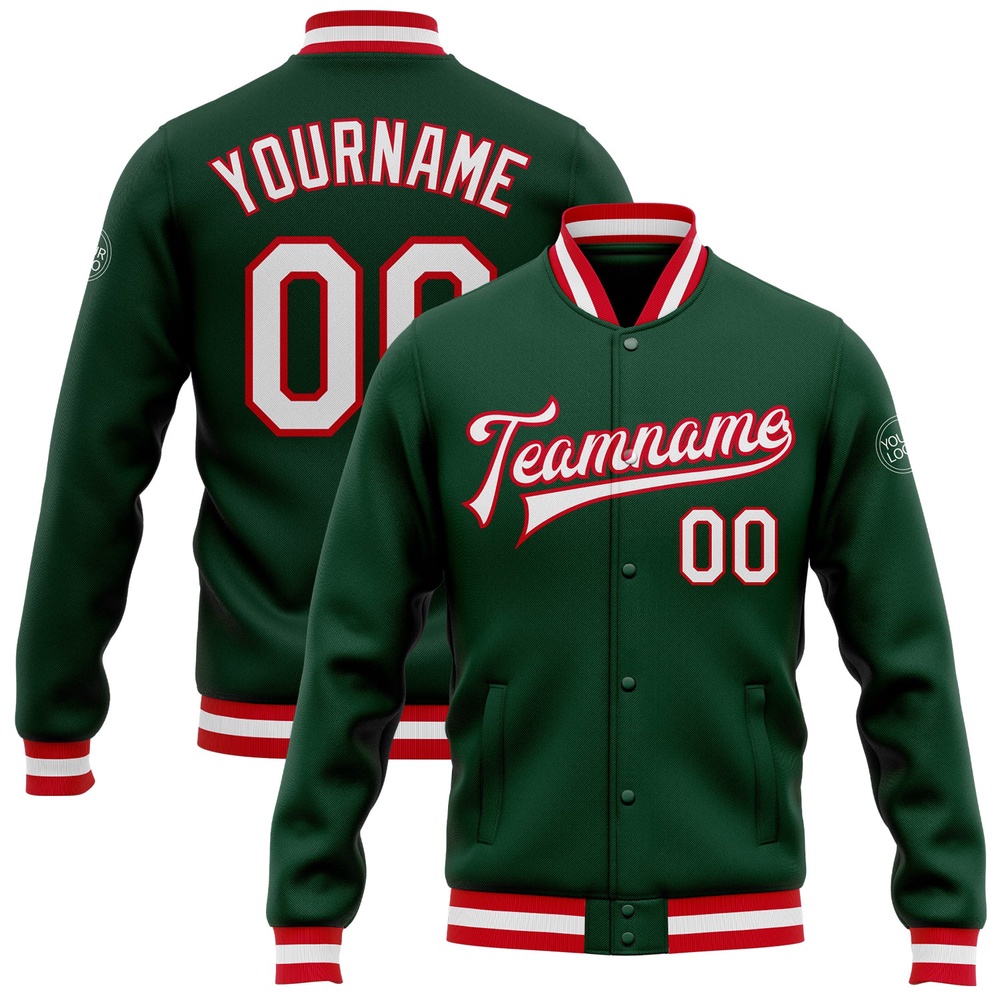 Custom Green White Red Bomber Full Snap Baseball Jacket, Custom Team Jacket