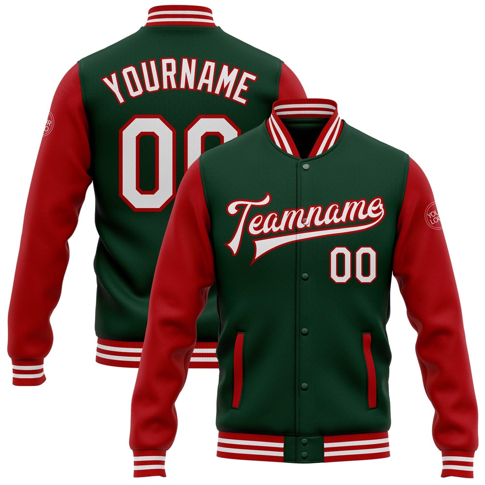 Custom Green White Red Bomber Full Snap Varsity Baseball Jacket, Custom Team Jacket
