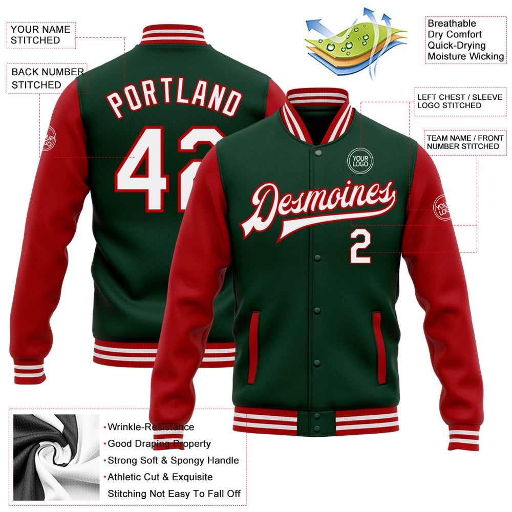 Custom Green White Red Bomber Full Snap Varsity Baseball Jacket, Custom Team Jacket