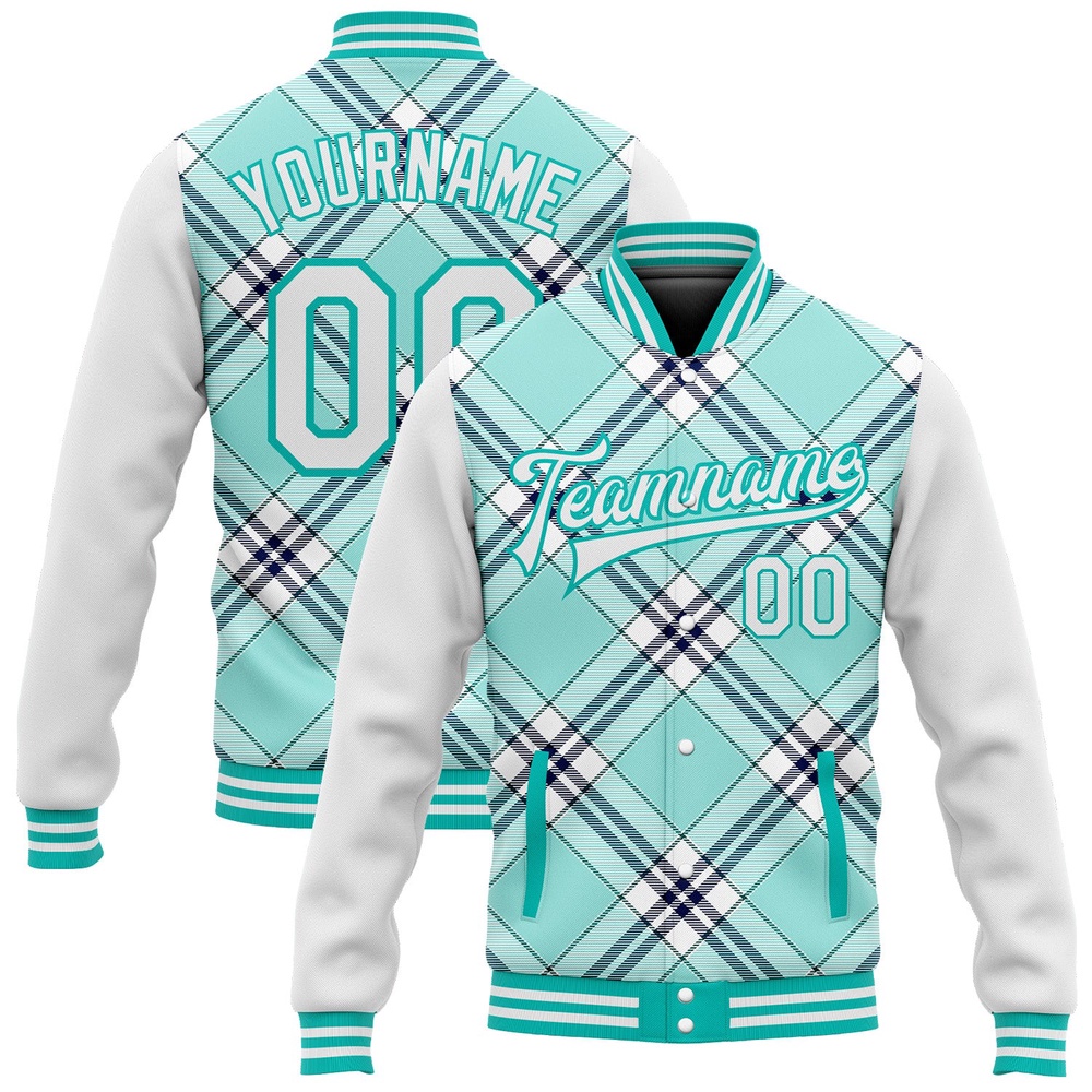 Custom Ice Blue Aqua Navy Check Board 3D Pattern Design Bomber Full Snap Baseball Jacket, Custom Team Jacket Custom Ice Blue Aqua Navy Check Board 3D Pattern Design Bomber Full Snap Baseball Jacket, Custom Team Jacket