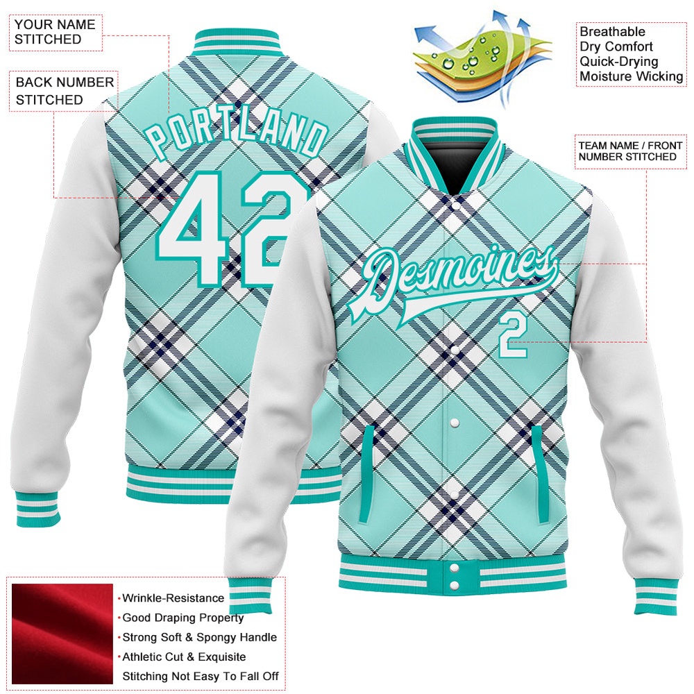 Custom Ice Blue Aqua Navy Check Board 3D Pattern Design Bomber Full Snap Baseball Jacket, Custom Team Jacket Custom Ice Blue Aqua Navy Check Board 3D Pattern Design Bomber Full Snap Baseball Jacket, Custom Team Jacket