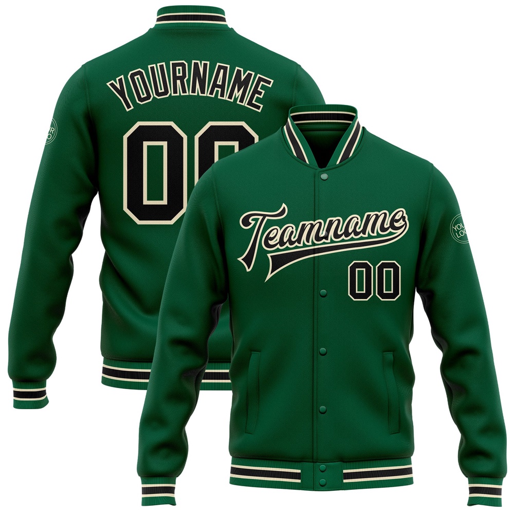 Custom Kelly Green Black Cream Bomber Full Snap Baseball Jacket, Custom Team Jacket Custom Kelly Green Black Cream Bomber Full Snap Baseball Jacket, Custom Team Jacket