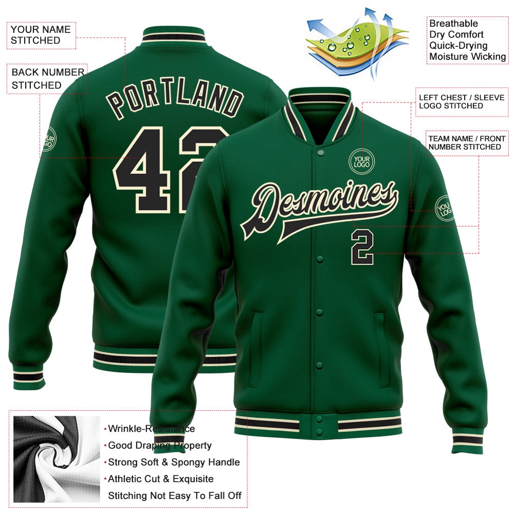 Custom Kelly Green Black Cream Bomber Full Snap Baseball Jacket, Custom Team Jacket Custom Kelly Green Black Cream Bomber Full Snap Baseball Jacket, Custom Team Jacket