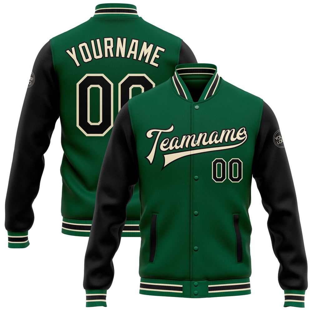 Custom Kelly Green Black Cream Bomber Full Snap Varsity Baseball Jacket, Custom Team Jacket Custom Kelly Green Black Cream Bomber Full Snap Varsity Baseball Jacket, Custom Team Jacket