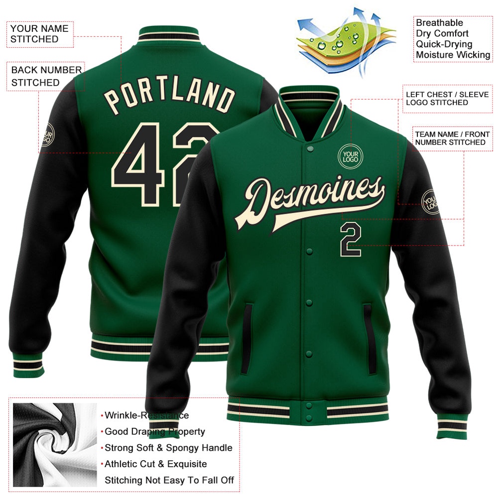 Custom Kelly Green Black Cream Bomber Full Snap Varsity Baseball Jacket, Custom Team Jacket Custom Kelly Green Black Cream Bomber Full Snap Varsity Baseball Jacket, Custom Team Jacket