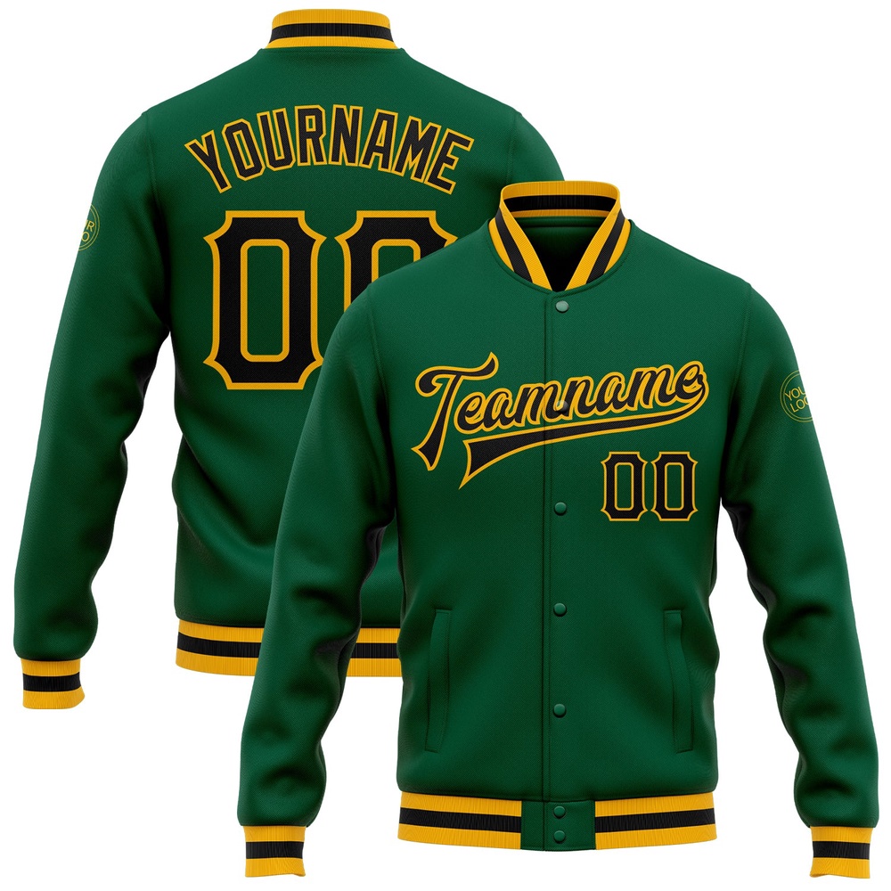 Custom Kelly Green Black Gold Bomber Full Snap Baseball Jacket, Custom Team Jacket Custom Kelly Green Black Gold Bomber Full Snap Baseball Jacket, Custom Team Jacket