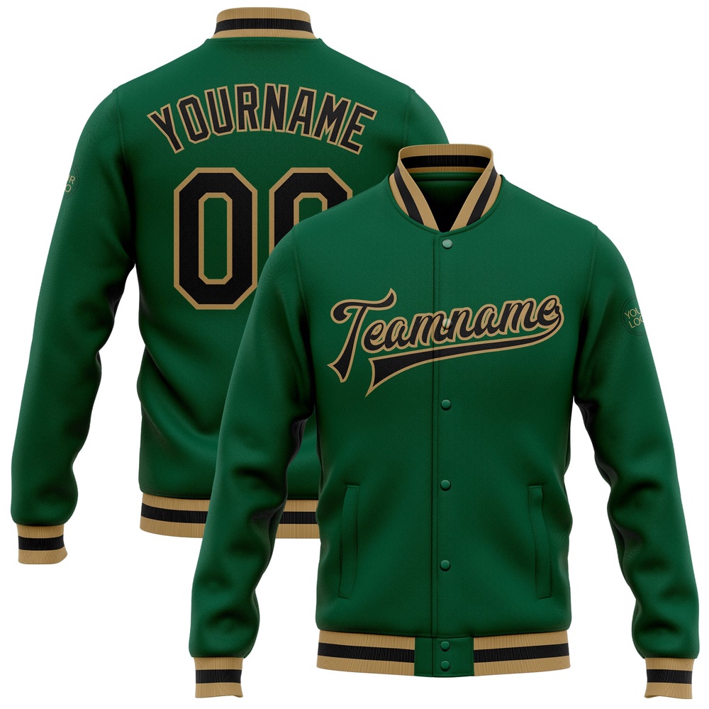 Custom Kelly Green Black Old Gold Bomber Full Snap Baseball Jacket, Custom Team Jacket Custom Kelly Green Black Old Gold Bomber Full Snap Baseball Jacket, Custom Team Jacket