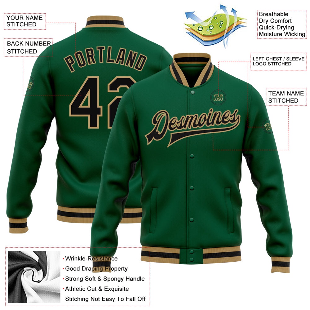 Custom Kelly Green Black Old Gold Bomber Full Snap Baseball Jacket, Custom Team Jacket Custom Kelly Green Black Old Gold Bomber Full Snap Baseball Jacket, Custom Team Jacket