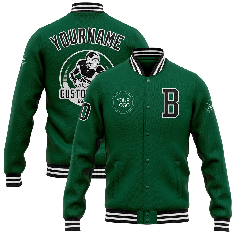 Custom Kelly Green Black White Bomber Full Snap Baseball Jacket, Custom Team Jacket Custom Kelly Green Black White Bomber Full Snap Baseball Jacket, Custom Team Jacket