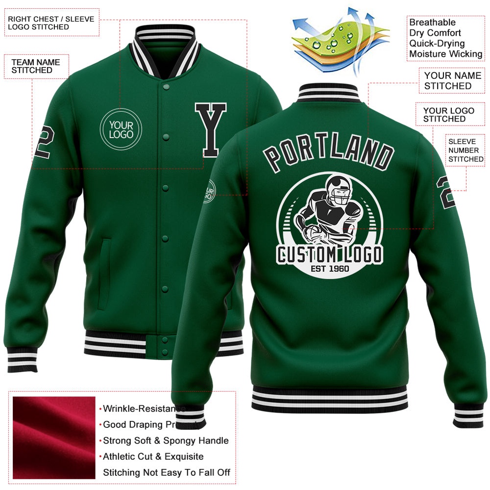 Custom Kelly Green Black White Bomber Full Snap Baseball Jacket, Custom Team Jacket Custom Kelly Green Black White Bomber Full Snap Baseball Jacket, Custom Team Jacket