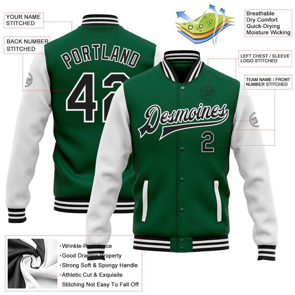 Custom Kelly Green Black White Bomber Full Snap Varsity Baseball Jacket, Custom Team Jacket Custom Kelly Green Black White Bomber Full Snap Varsity Baseball Jacket, Custom Team Jacket