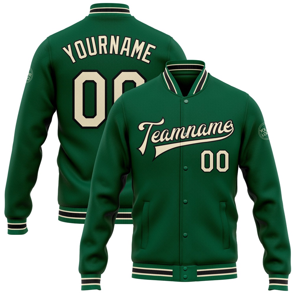 Custom Kelly Green Cream Black Bomber Full Snap Baseball Jacket, Custom Team Jacket