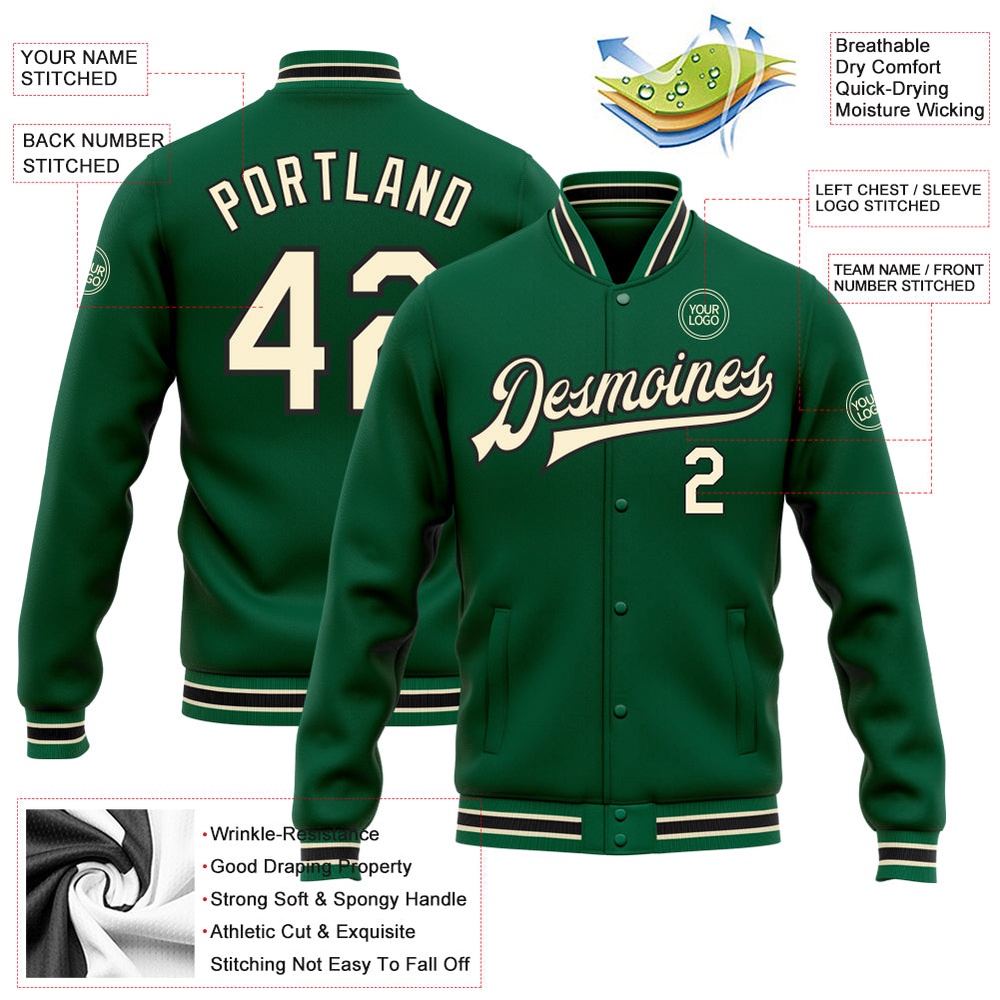 Custom Kelly Green Cream Black Bomber Full Snap Baseball Jacket, Custom Team Jacket