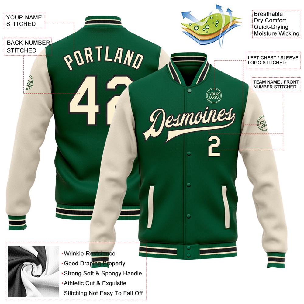 Custom Kelly Green Cream Black Bomber Full Snap Varsity Baseball Jacket, Custom Team Jacket