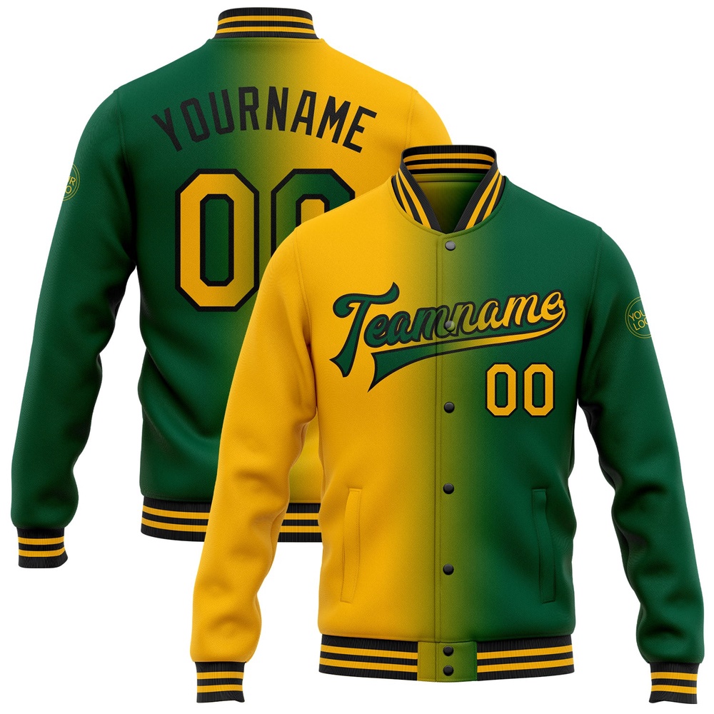Custom Kelly Green Gold Black Bomber Full Snap Varsity Letterman Gradient Fashion Jacket, Custom Team Jacket Custom Kelly Green Gold Black Bomber Full Snap Varsity Letterman Gradient Fashion Jacket, Custom Team Jacket