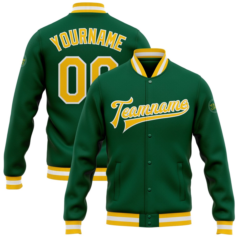 Custom Kelly Green Gold White Bomber Full Snap Baseball Jacket, Custom Team Jacket Custom Kelly Green Gold White Bomber Full Snap Baseball Jacket, Custom Team Jacket