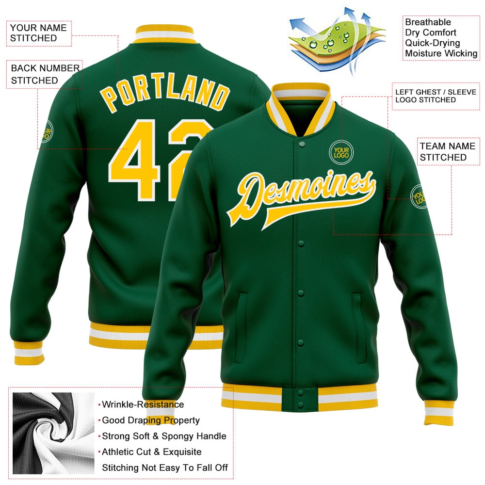 Custom Kelly Green Gold White Bomber Full Snap Baseball Jacket, Custom Team Jacket Custom Kelly Green Gold White Bomber Full Snap Baseball Jacket, Custom Team Jacket