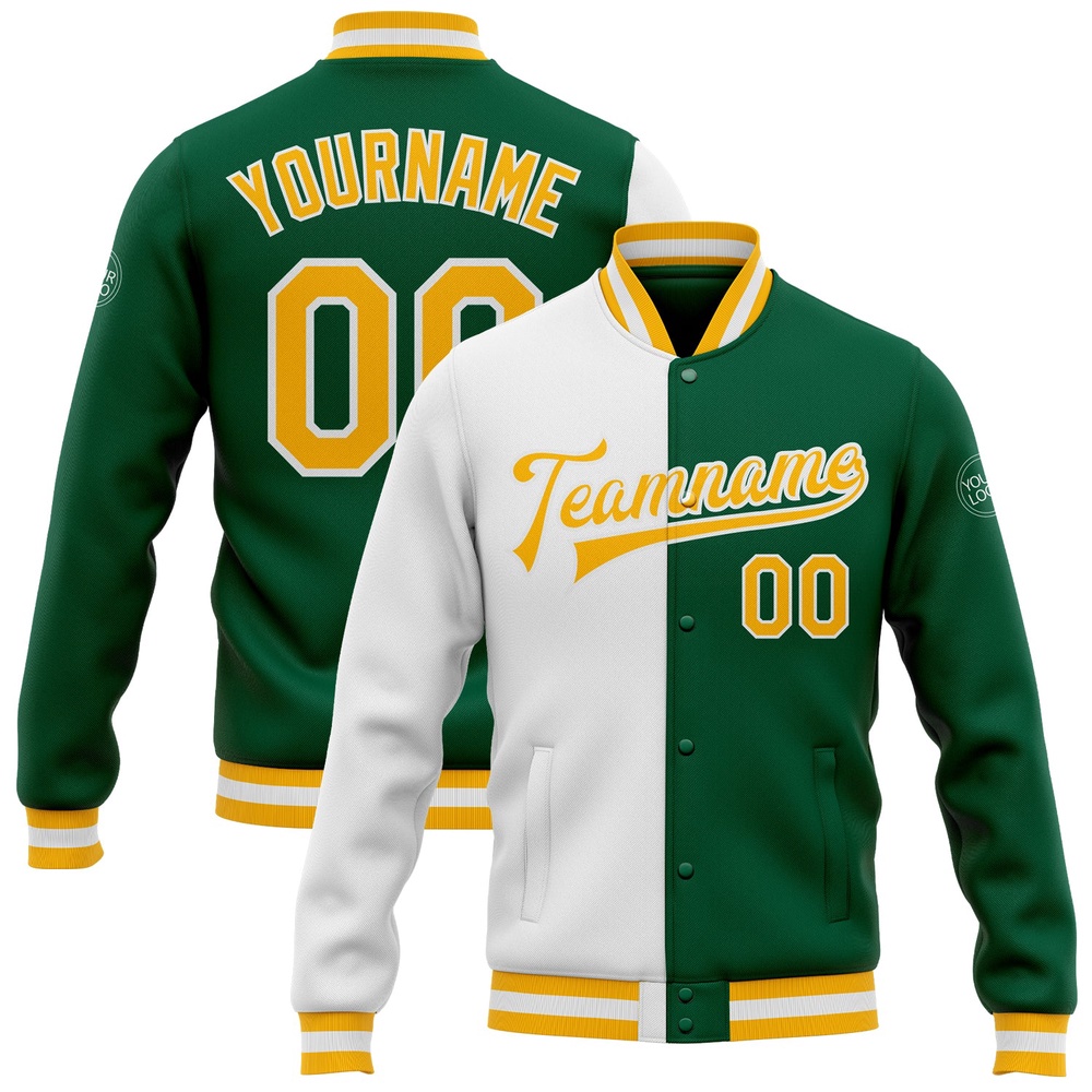 Custom Kelly Green Gold White Bomber Full Snap Varsity Letterman Split Fashion Jacket, Custom Team Jacket Custom Kelly Green Gold White Bomber Full Snap Varsity Letterman Split Fashion Jacket, Custom Team Jacket