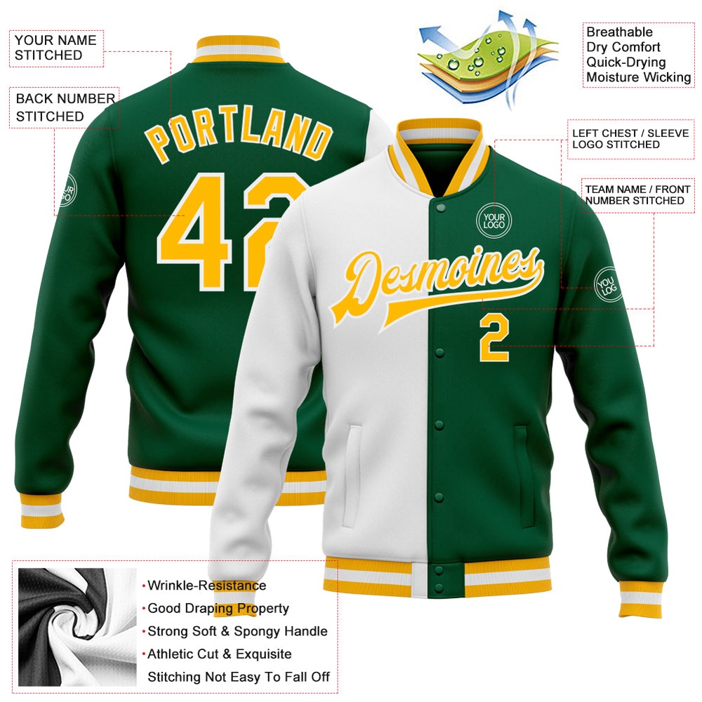 Custom Kelly Green Gold White Bomber Full Snap Varsity Letterman Split Fashion Jacket, Custom Team Jacket Custom Kelly Green Gold White Bomber Full Snap Varsity Letterman Split Fashion Jacket, Custom Team Jacket