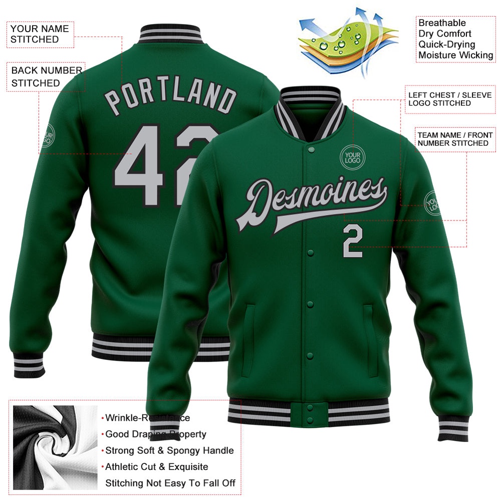 Custom Kelly Green Gray Black Bomber Full Snap Baseball Jacket, Custom Team Jacket