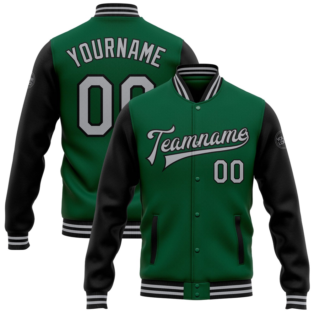 Custom Kelly Green Gray Black Bomber Full Snap Varsity Baseball Jacket, Custom Team Jacket