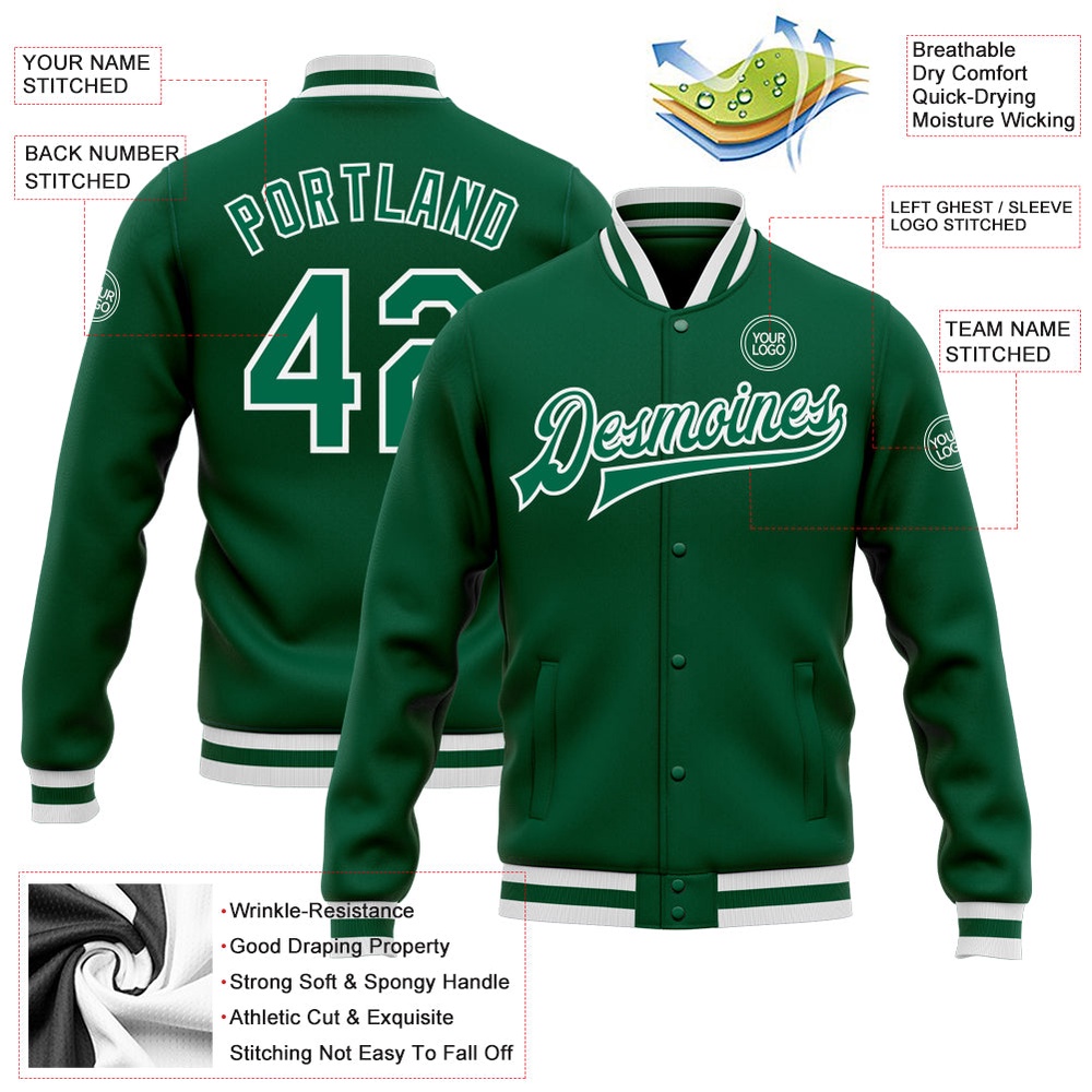 Custom Kelly Green Kelly Green White Bomber Full Snap Baseball Jacket, Custom Team Jacket