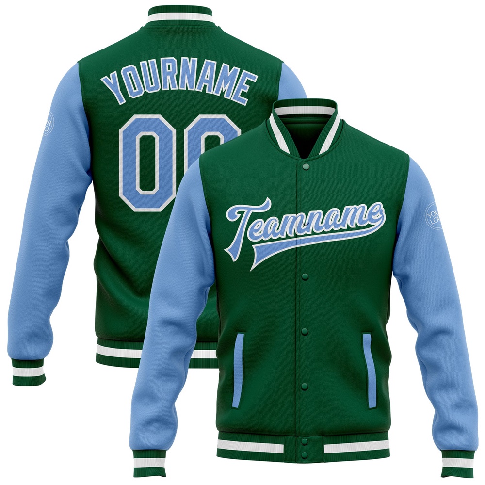 Custom Kelly Green Light Blue White Bomber Full Snap Varsity Baseball Jacket, Custom Team Jacket Custom Kelly Green Light Blue White Bomber Full Snap Varsity Baseball Jacket, Custom Team Jacket