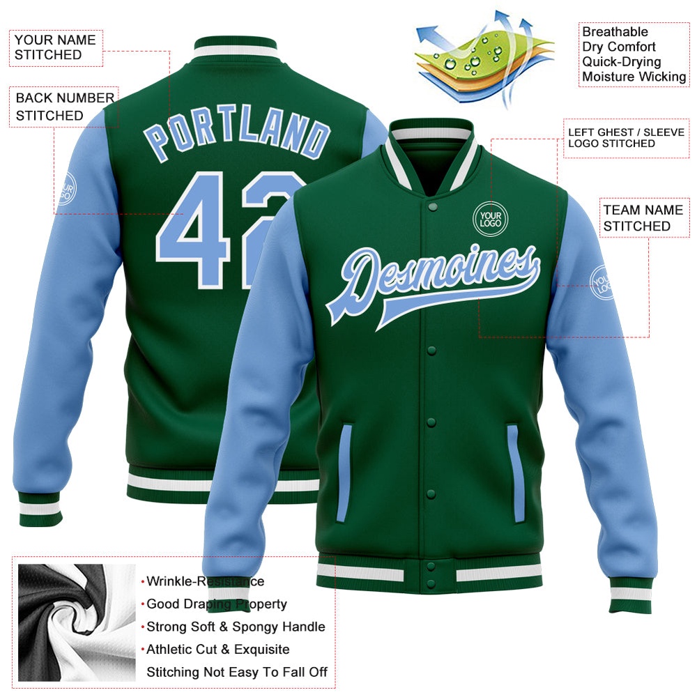 Custom Kelly Green Light Blue White Bomber Full Snap Varsity Baseball Jacket, Custom Team Jacket Custom Kelly Green Light Blue White Bomber Full Snap Varsity Baseball Jacket, Custom Team Jacket