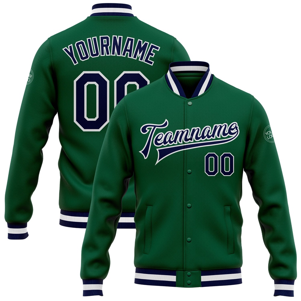 Custom Kelly Green Navy White Bomber Full Snap Baseball Jacket, Custom Team Jacket