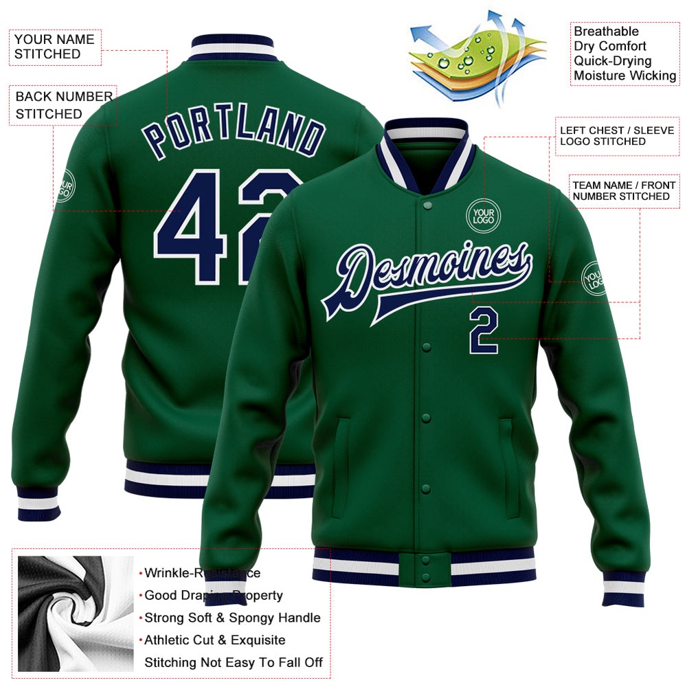Custom Kelly Green Navy White Bomber Full Snap Baseball Jacket, Custom Team Jacket