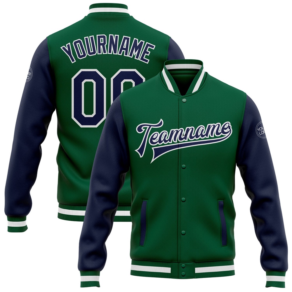 Custom Kelly Green Navy White Bomber Full Snap Varsity Baseball Jacket, Custom Team Jacket