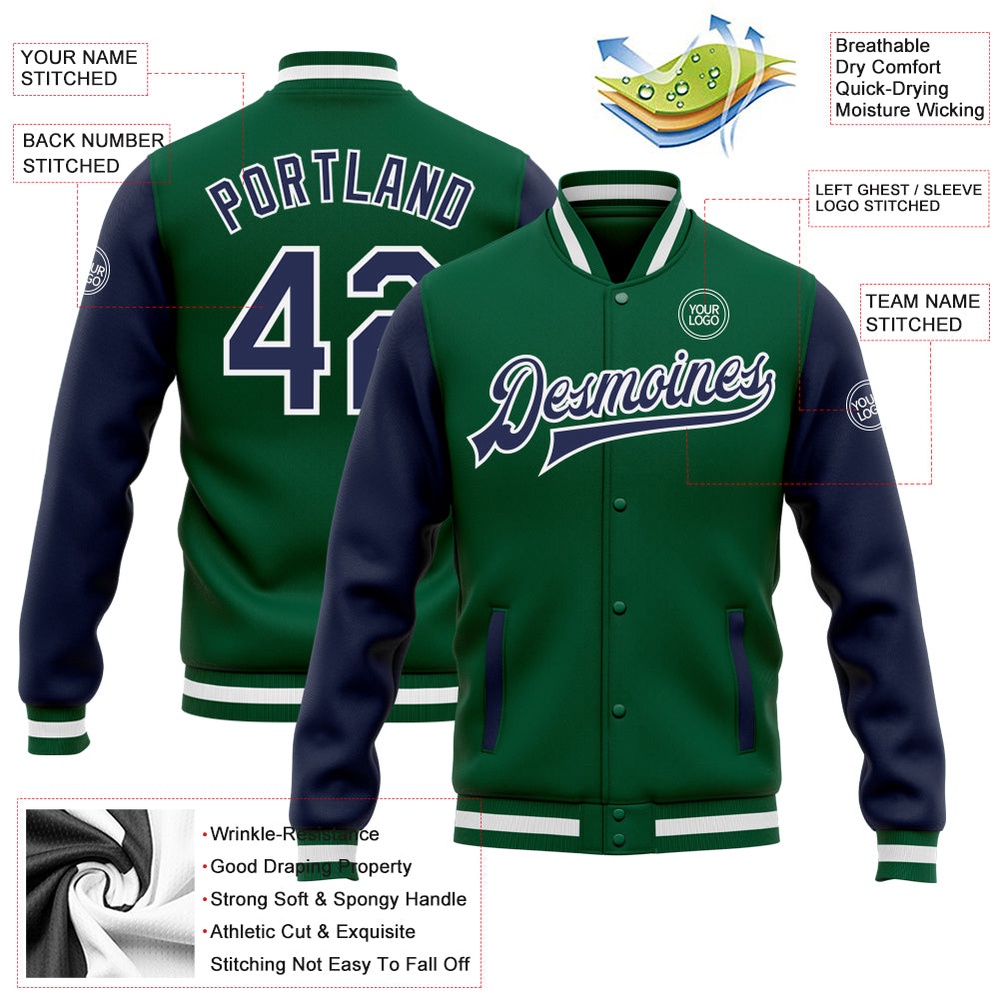 Custom Kelly Green Navy White Bomber Full Snap Varsity Baseball Jacket, Custom Team Jacket