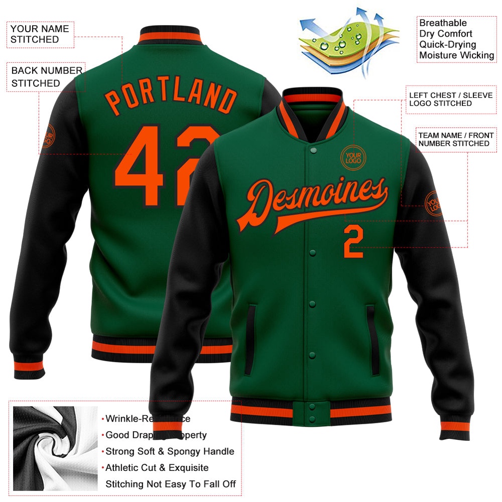 Custom Kelly Green Orange Black Bomber Full Snap Varsity Baseball Jacket, Custom Team Jacket