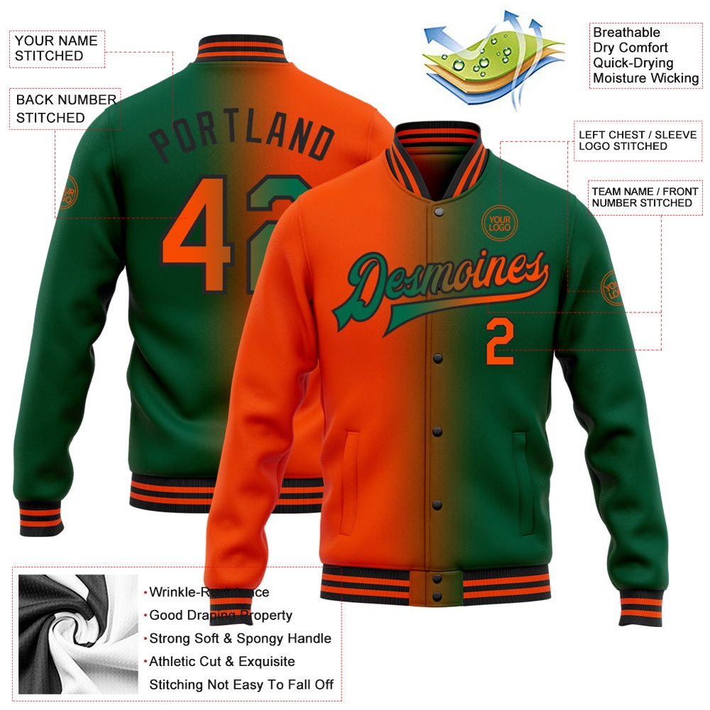 Custom Kelly Green Orange Black Bomber Full Snap Varsity Letterman Gradient Fashion Jacket, Custom Team Jacket Custom Kelly Green Orange Black Bomber Full Snap Varsity Letterman Gradient Fashion Jacket, Custom Team Jacket
