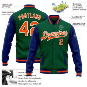 Custom Kelly Green Orange Royal Bomber Full Snap Varsity Baseball Jacket Custom Team Jacket 2 npencf.jpg