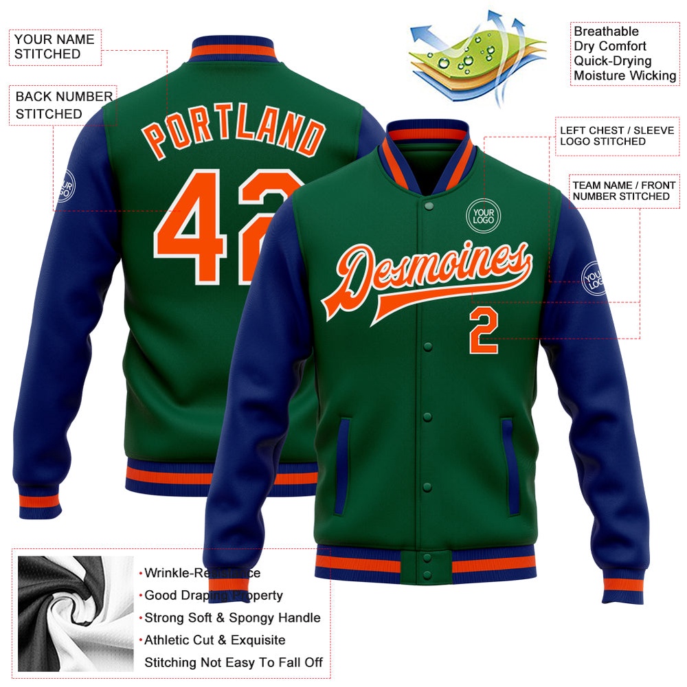 Custom Kelly Green Orange Royal Bomber Full Snap Varsity Baseball Jacket, Custom Team Jacket