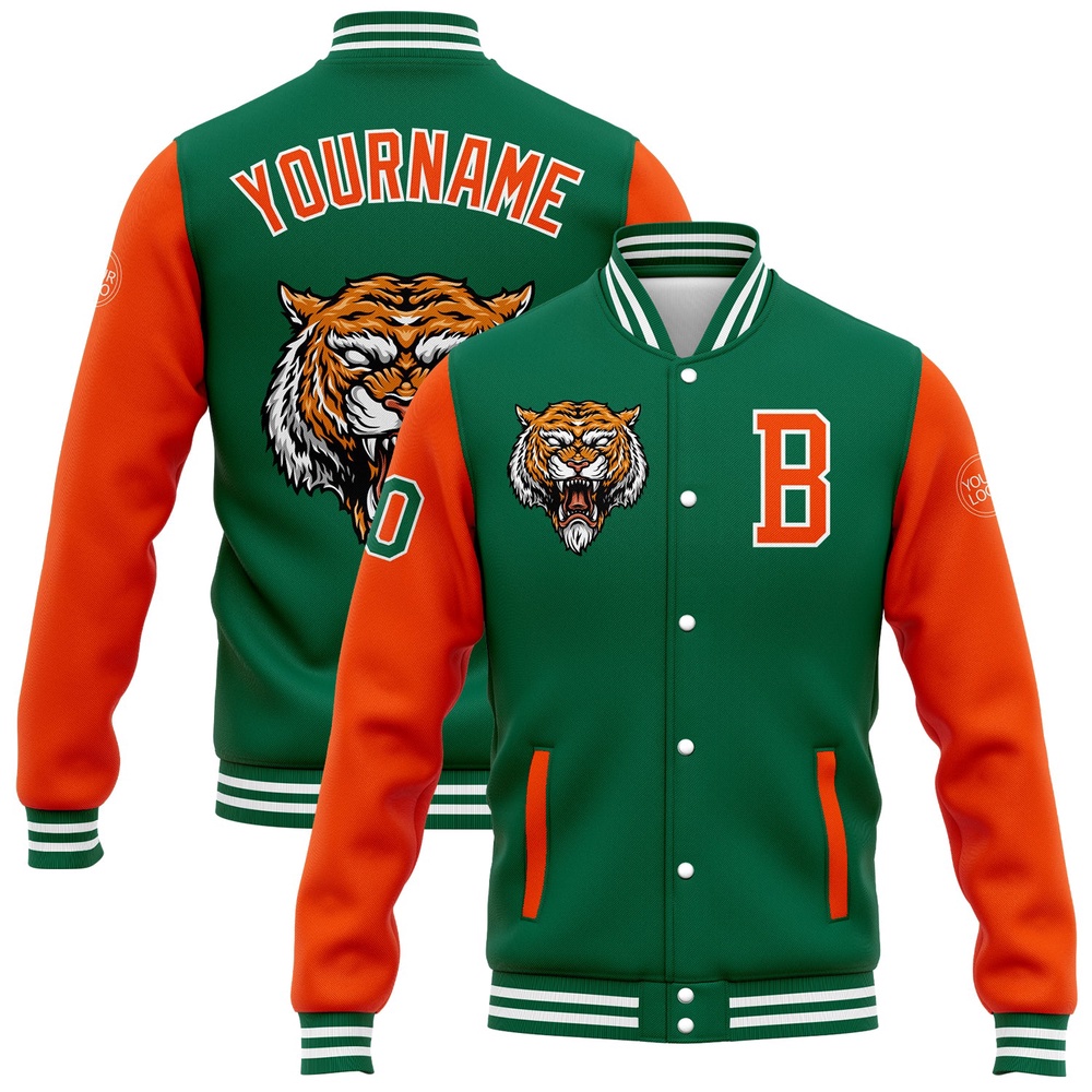 Custom Kelly Green Orange White 3D Pattern Design Bomber Full Snap Baseball Jacket, Custom Team Jacket